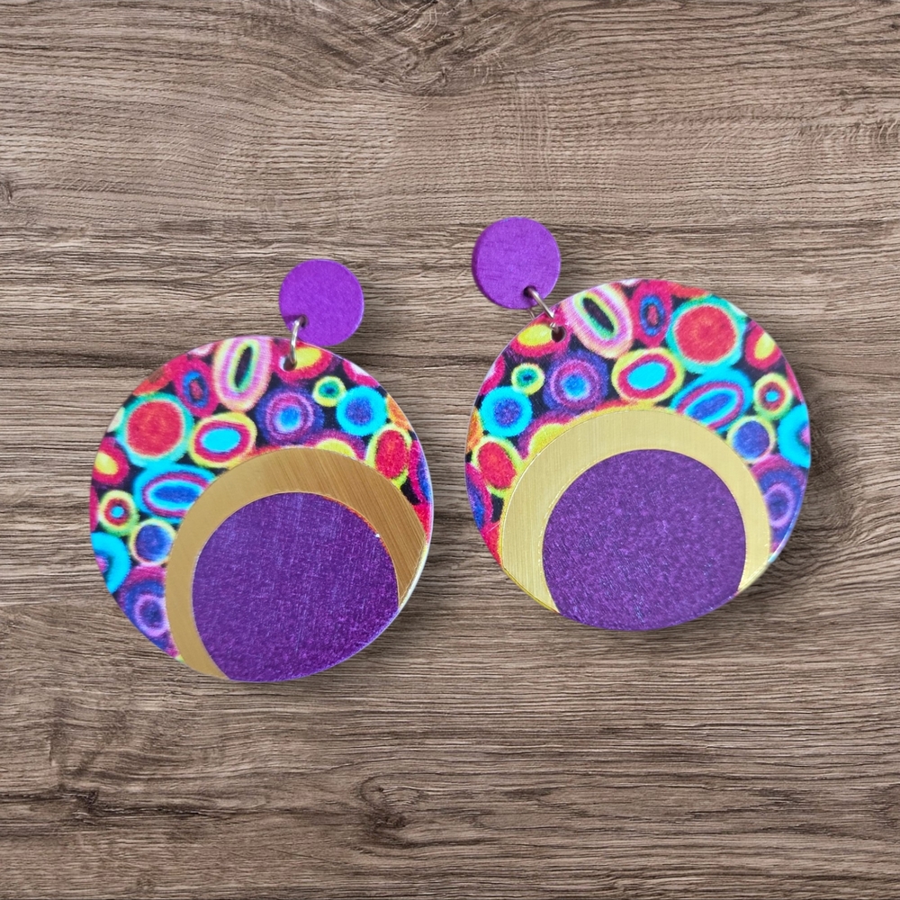 Kids Purple Multi-Color Circle Drop Earrings - Playful Statement Jewelry